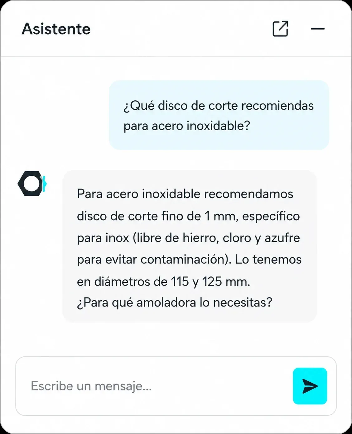 Conversación con el asistente citando un producto concreto del catálogo, sin alucinar