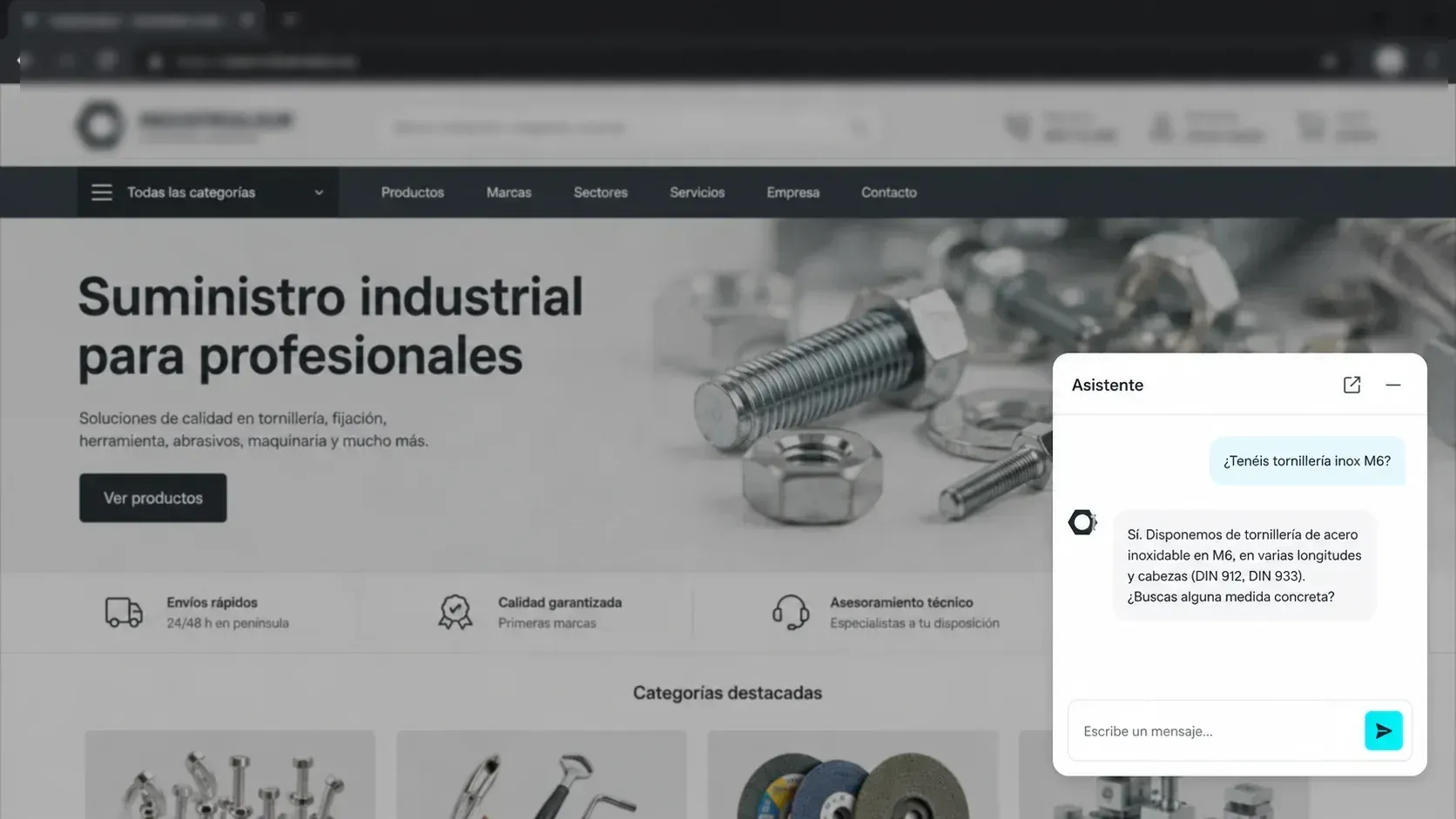 Asistente de IA respondiendo sobre el catálogo, integrado en la web de un distribuidor industrial