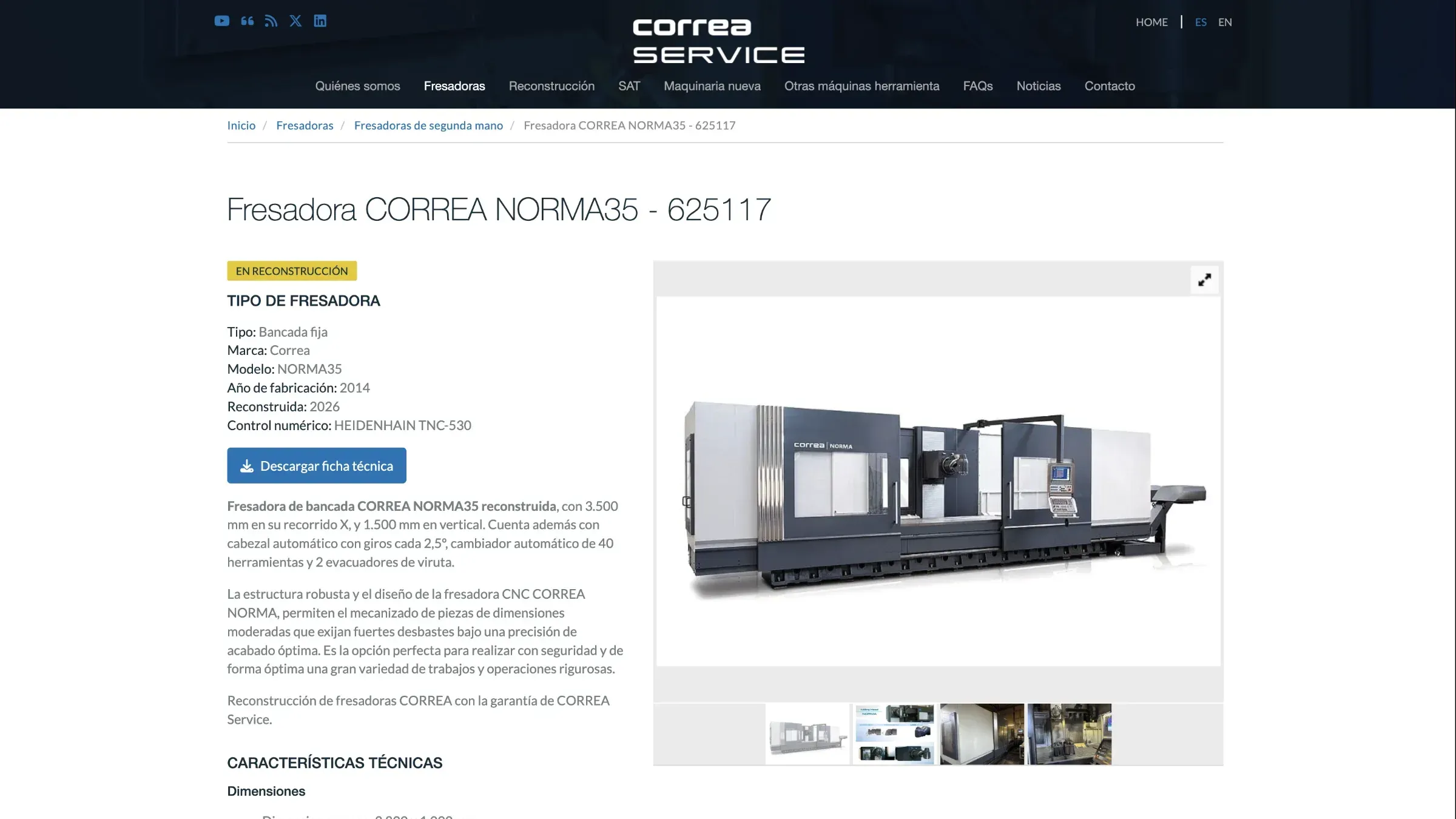 Web de NC Service mostrando una ficha de fresadora reacondicionada