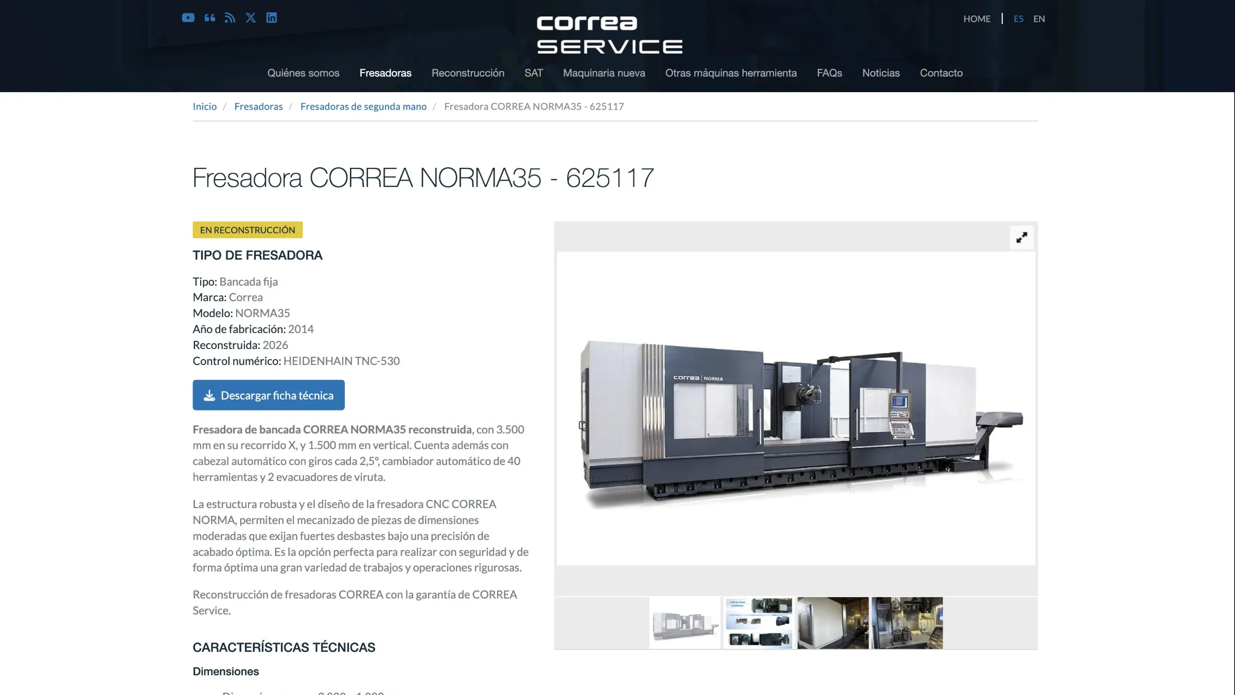 Web de NC Service mostrando una ficha de fresadora reacondicionada
