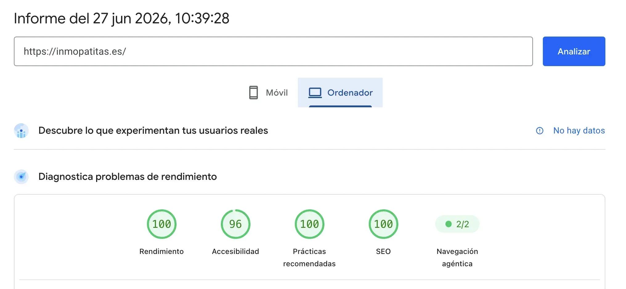 Resultado de PageSpeed: 100 en escritorio 