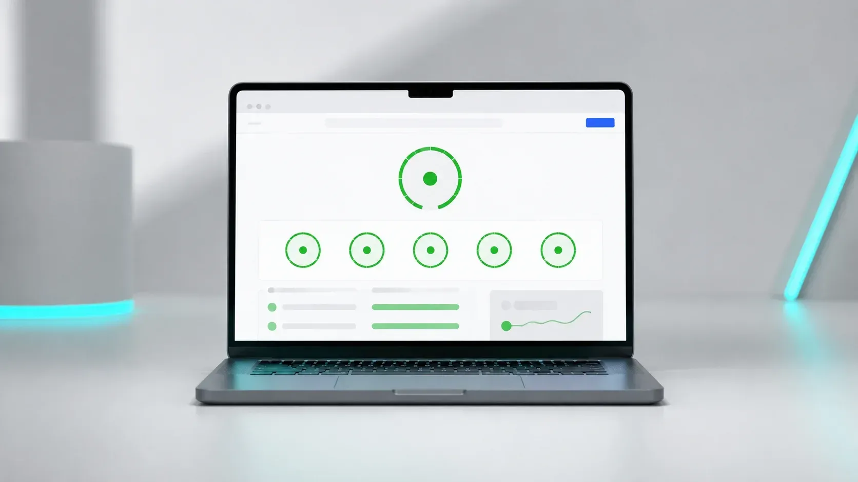 Portátil mostrando un informe de rendimiento web con todas las métricas en verde