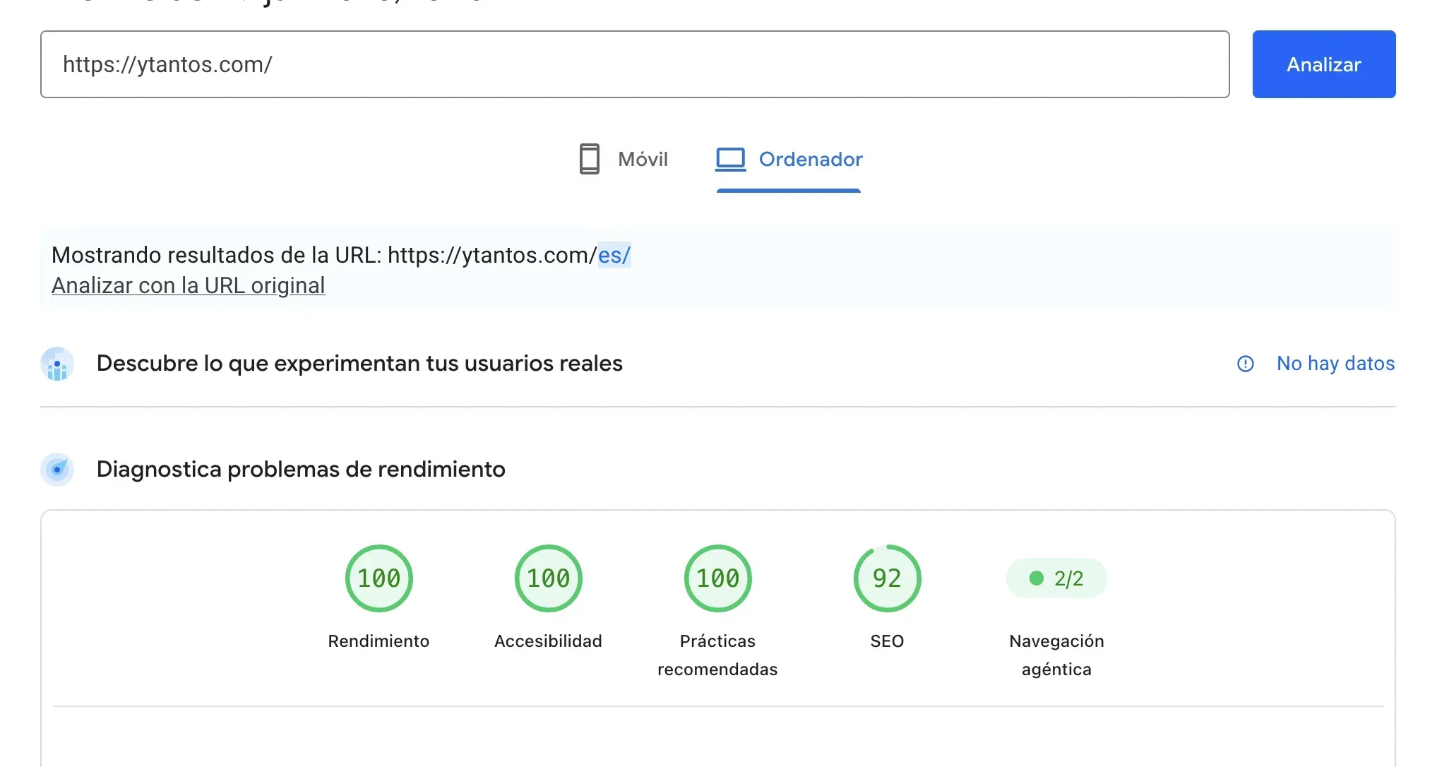 Resultado de PageSpeed de ytantos.com