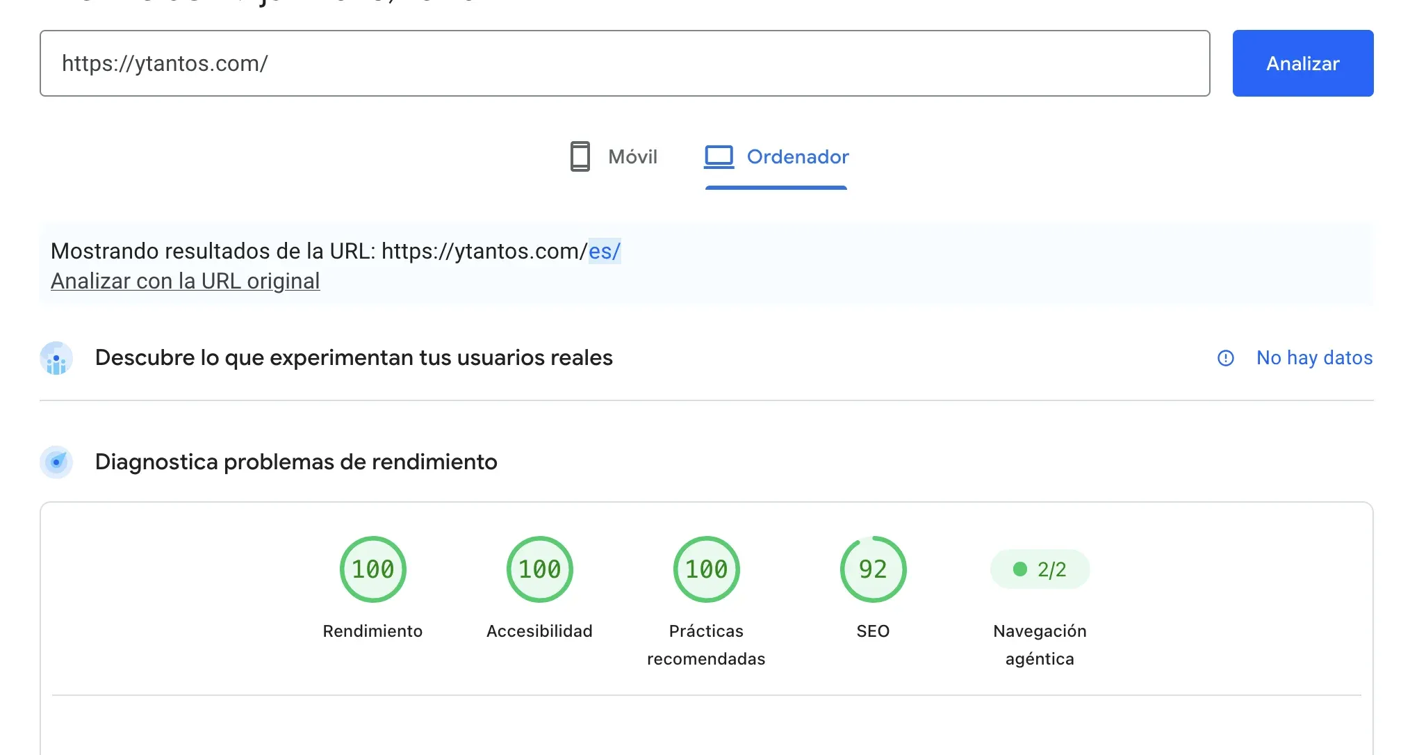 Resultado de PageSpeed de ytantos.com